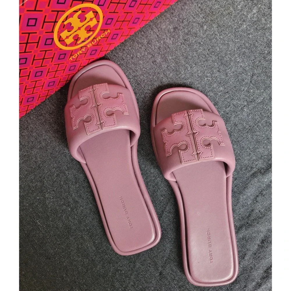 Tory Burch Double T Sport Slide Cipria Size 6.5 Leather Dusty Purple New In Box